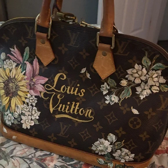 Louis Vuitton Brown hand painted Alma pm Floral Satchel - Picture 9 of 13